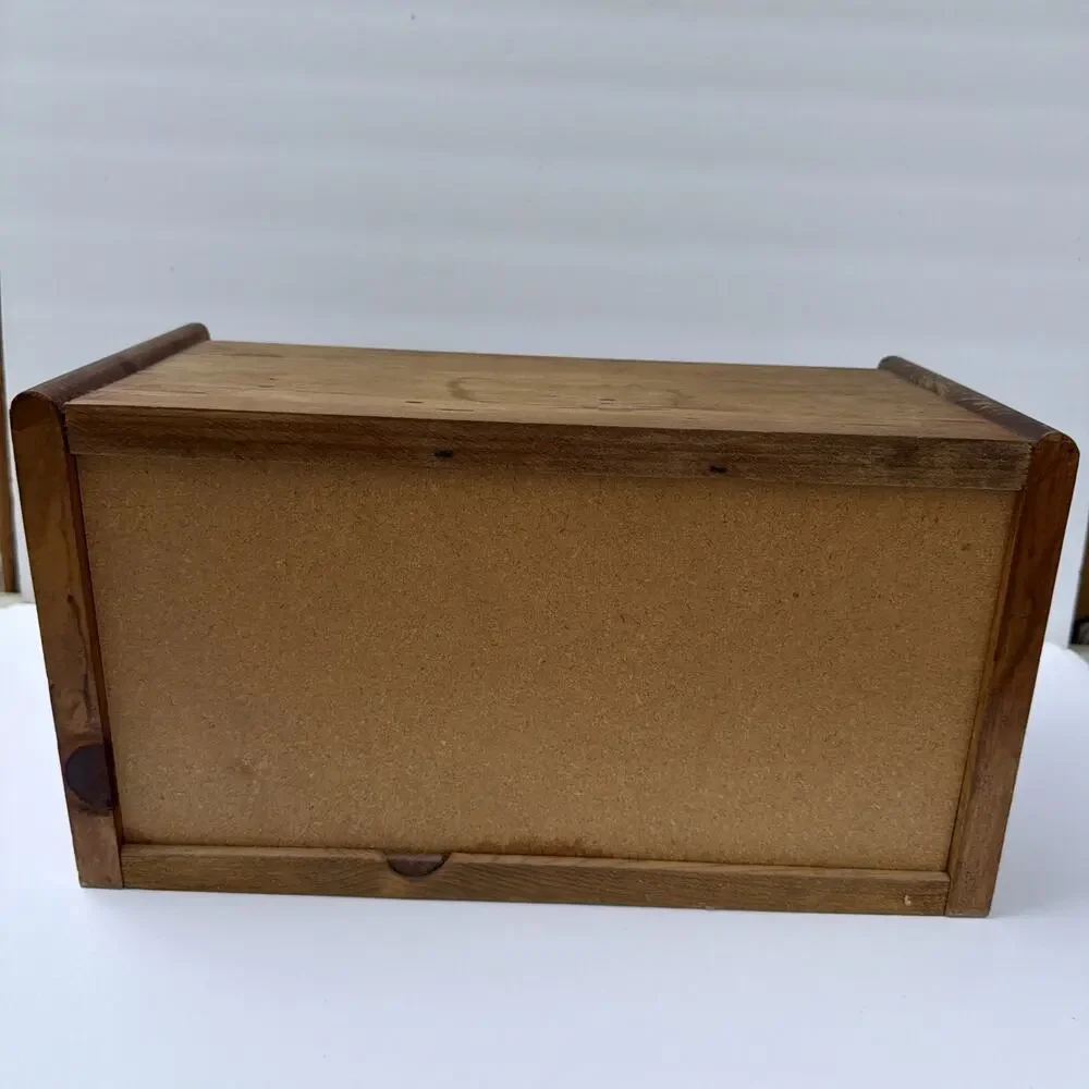 Wooden Bread Box MCM Oak Finish Decorative Bread Letters & Flowers Vintage Gift